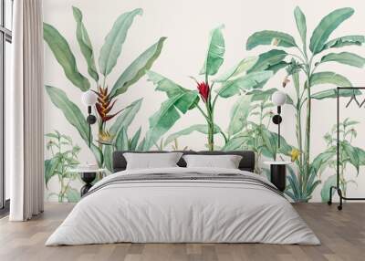 drawing green tropical plants on a white background Wall mural