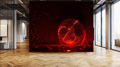 Disco ball reflecting red light in a dark hall for discos.  Copy space.  Wall mural