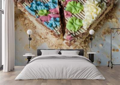 Two large pieces of cake with colorful flowers of buttercream. Copy space. Wall mural