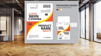 Label pack for medicinal tablets, label medicine paper design, medicine packaging design, healthcare product design. product label, realistic mock-up. wave background concept. vector illustration Wall mural