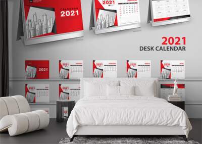 Set Desk Calendar 2021 template Creative design, calendar 2022, 2023 layout, 3d mockup desk calendar, Red cover design, Set of 12 Months, Week starts Sunday, Stationery Wall mural