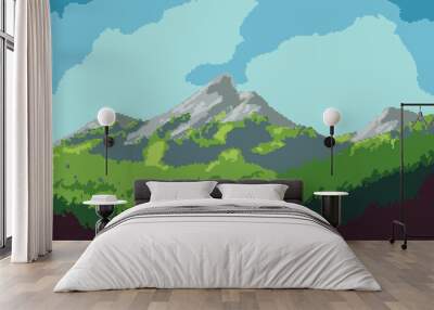 pixel simple landscape with mountains and green forest Wall mural