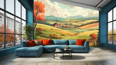 retro style rural landscape illustration Wall mural