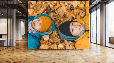 children lie on yellow leaves on the ground. boys in jacket, scatters leaves in an autumn park. The child rejoices in the autumn leaves. The boys are happy about autumn. Happy childhood Wall mural