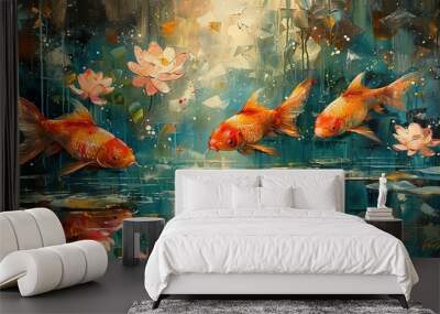 goldfish in the lake, oil painting, handmade Wall mural