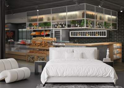 3D visualization of the interior of the grocery store. Design in loft style. Wall mural