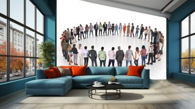 A group of different people stand in a circle isolated on a white background. A social event or public meeting with an empty stage for a performance. 3D rendering. Wall mural