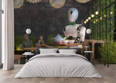 A humanoid robot waiter carries a tray of food and drinks in a restaurant. Artificial intelligence replaces maintenance staff. The concept of the future. 3D rendering. Wall mural