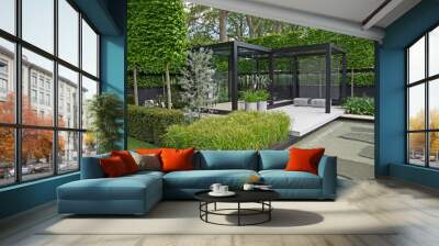 A cool modern garden with some Scandinavian style and a water feature Wall mural