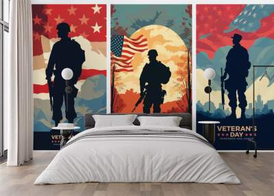 Veterans day illustrations background design with american flag and silhouette of soldier Wall mural