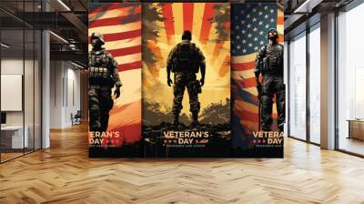 Veterans day illustrations background design with american flag and silhouette of soldier	
 Wall mural