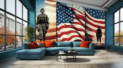 Veterans day illustrations background design with american flag and silhouette of soldier	
 Wall mural