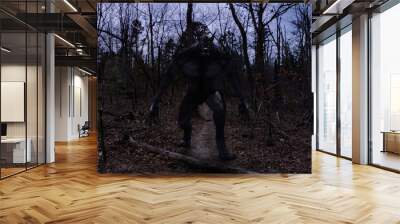 3d illustration of a Werewolf Dogman Bipedal Canine Cryptid in a forest looking menacing Wall mural