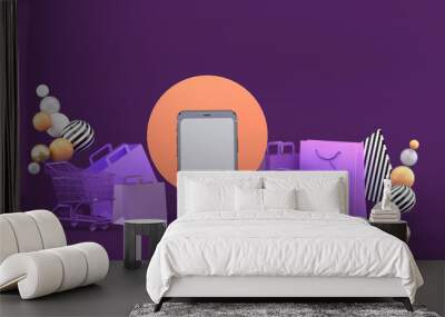 .Smartphone to enter content surrounded by shopping bags, shopping carts on a purple background.-3d rendering. Wall mural