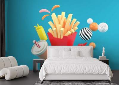 French fries surrounded by chili sauce, ketchup and sparkling water on a blue background.illustration design for fast food delivery.-3d rendering. Wall mural