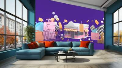 Small shops surrounded by baskets and shopping bags and wallet and gold coins on a purple background.-3d rendering. Wall mural