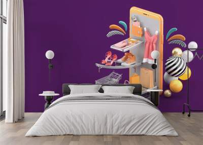 The fashion house on the smartphone is surrounded by colorful balls on a purple background.-3d rendering.. Wall mural