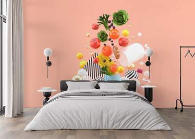 The food floats out of the capsule amidst colorful balls on the pink background.-3d render.. Wall mural