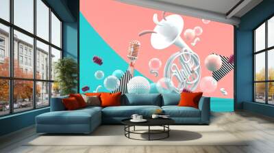 White musical instruments amid colorful balls on blue and pink background.-3d render. Wall mural