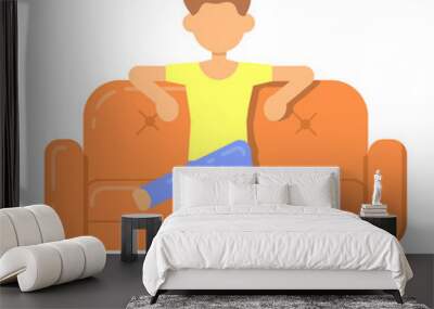 Icon with fashion hairstyle man relax on couch in room flat style. Vector logo character on sofa in cartoon style  illustration. Wall mural