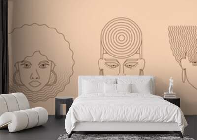 Set fashion design head girls with different hairstyle in minimalistic outline boho style vector illustration Wall mural