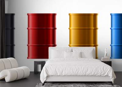 Set metal realistic barrels of different colors side view vector illustration Wall mural