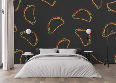 Vector seamless pattern hand drawn brush line chalk color taco on black background Wall mural