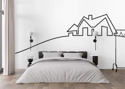 Abstract house on the hill in continuous line art drawing style. Residential building, real estate black linear design isolated on white background. Vector illustration Wall mural