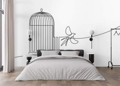 Bird released from birdcage in continuous line art drawing style. Bird flying away from open cage. Rescue, freedom and new opportunities. Minimalist black linear sketch isolated on white background Wall mural