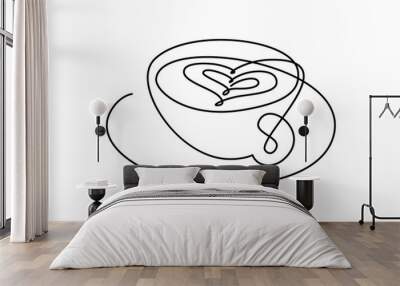 Coffee cup in continuous line art drawing style. Cappuccino drink with heart shaped latte art. Black linear design isolated on white background. Vector illustration Wall mural