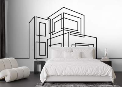 Flat roof house or commercial building in continuous line art drawing style. Modern architecture black linear sketch isolated on white background. Vector illustration Wall mural