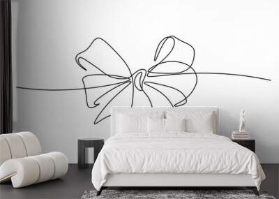 Gift ribbon bow in continuous line art drawing style. Minimalist black linear sketch isolated on white background. Vector illustration Wall mural