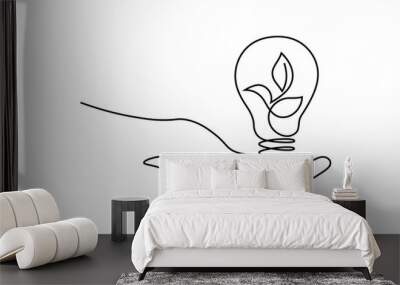 Green energy icon in continuous line art drawing style. Human hand holding light bulb with plant inside as a symbol of environmental friendly sources of energy black linear design on white background Wall mural