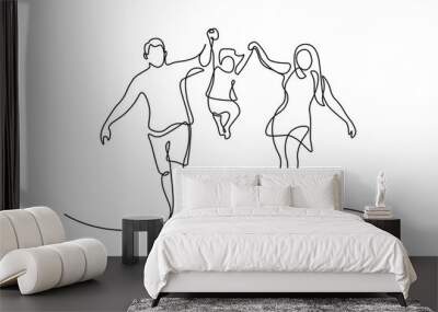 Happy family in continuous line art drawing style. Front view of parents with their little kid holding hands and walking together black linear sketch isolated on white background. Vector illustration Wall mural