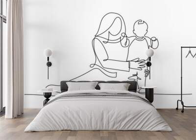 Happy mom with her little son in continuous line art drawing style. Mother assisting her toddler child. Minimalist black linear sketch isolated on white background. Vector illustration Wall mural