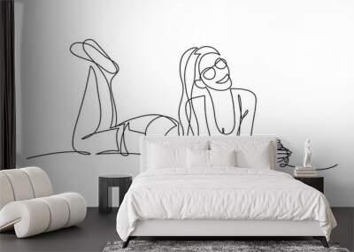 Happy young woman in light summer clothing lying down and smiling. Continuous line art drawing style. Relax time. Minimalist black linear sketch isolated on white background. Vector illustration Wall mural