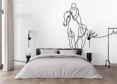 Horseback rider in continuous line art drawing style. Equestrian sport black linear sketch isolated on white background. Vector illustration Wall mural