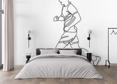 Jogging man in continuous line art drawing style. Runner black linear sketch isolated on white background. Vector illustration Wall mural