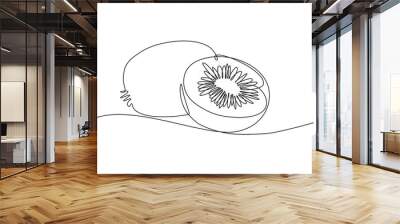 Kiwi fruit whole and a half in continuous line art drawing style. Black line sketch on white background. Vector illustration Wall mural