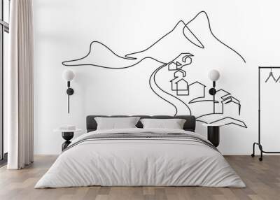 Mountain village in continuous line art drawing style. Landscape of road going through country settlement surrounded by mountains minimalist black linear sketch on white background. Vector illustratio Wall mural