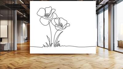 poppy flowers in continuous line art drawing style. doodle floral border with two flowers blooming a Wall mural