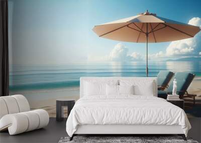 Wallpaper two blue lounge chairs under beige umbrella  on a sandy beach landscape, hot design tree color Wall mural