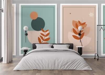 Hand drawn flat design boho wall art. modern prints showcasing botanical elements, abstract shapes, and a soothing color palette. Wall mural