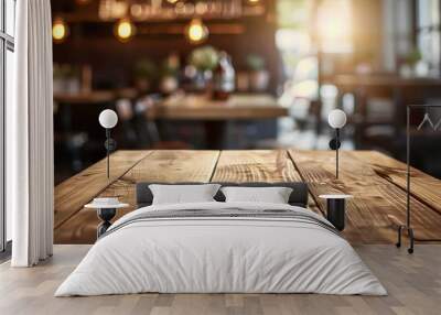 Wooden board empty table top blurred background. Wood table over blur in cafe background. Wall mural