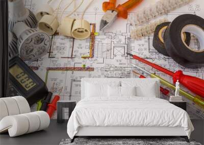 Still Life Of Electrical Components Arranged On Plans Wall mural