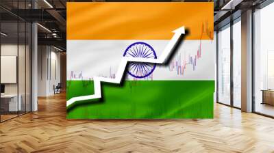 White arrow and stocks chart growth up on the background of the flag of India Wall mural