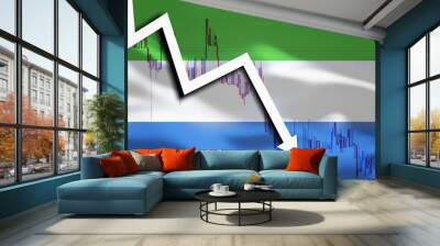 White arrow and stocks fall down on the background of the waving flag of Sierra Leone Wall mural