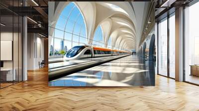 A high-speed train in bright, modern futuristic station. Architecture design with natural sunlight.Concept of sustainable, eco-friendly travelling, energy efficient low emission public transportation Wall mural