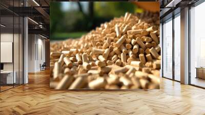 A pile of organic biofuel wooden pellets made from compacted sawdust and by-product of woodworking operations. Alternative energy, ecological heating, biofuel concept. Close up Wall mural