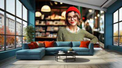 A stylish young woman in prep clothing and glasses in a cozy bookstore cafe, exudes elegance. Fashionable college student in palette of vibrant colors, attractive, bookish scene background.Horizontal Wall mural